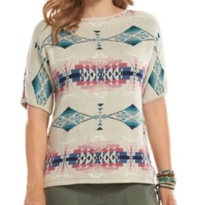 Chaps Short Sleeve Sweater Women 1X Tribal Dolman Cotton Linen Double Knit Aztec